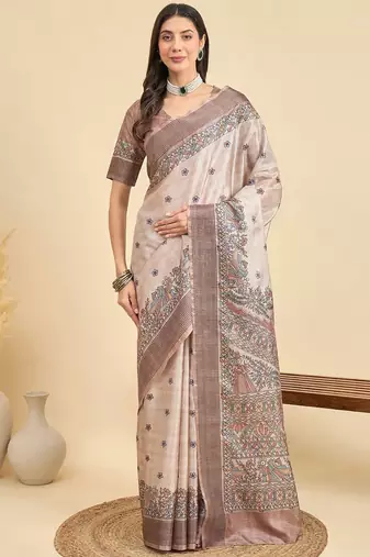 Beige floral silk blend designer tussar saree