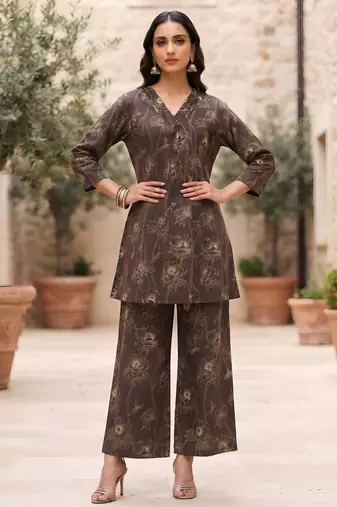 Brown printed straight co-ords set for women