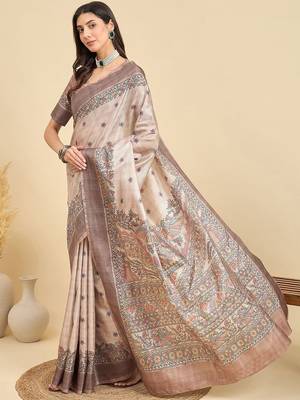 Beige floral silk blend designer tussar saree 3