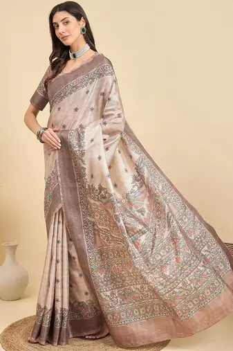 Beige floral silk blend designer tussar saree
