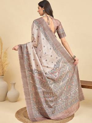 Beige floral silk blend designer tussar saree 4