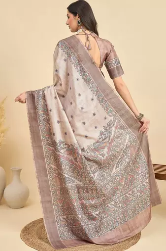 Beige floral silk blend designer tussar saree
