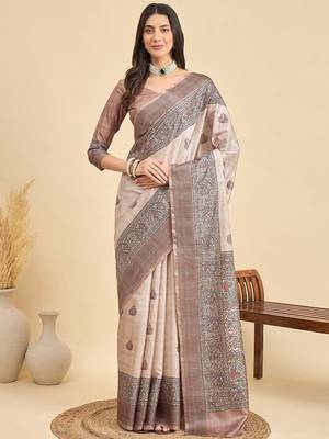 Beige ethnic motifs silk blend designer tussar saree 1