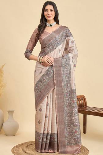 Beige ethnic motifs silk blend designer tussar saree
