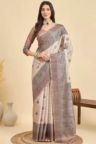 Beige ethnic motifs silk blend designer tussar saree