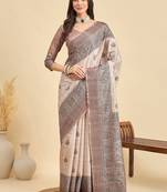 Beige ethnic motifs silk blend designer tussar saree