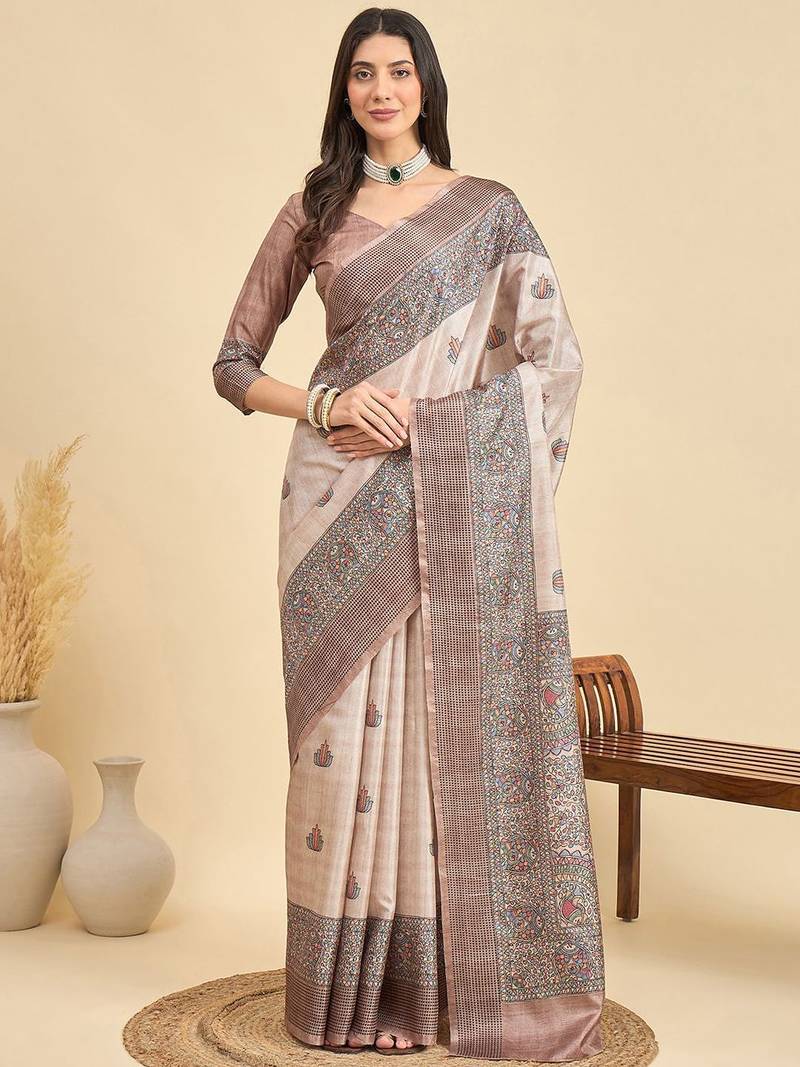 Beige ethnic motifs silk blend designer tussar saree