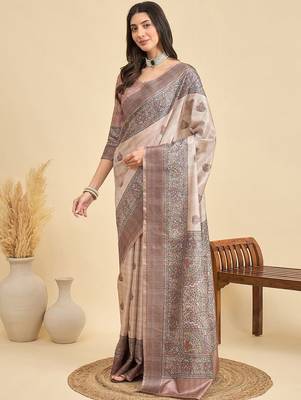 Beige ethnic motifs silk blend designer tussar saree 2