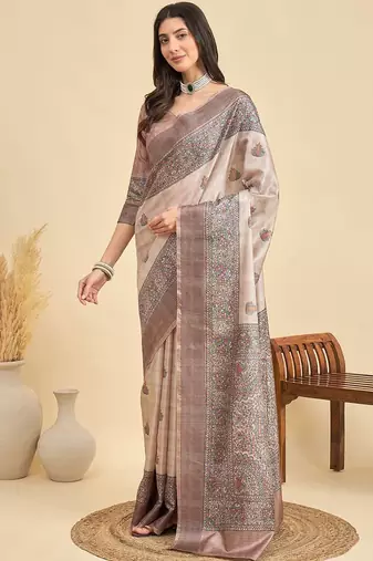 Beige ethnic motifs silk blend designer tussar saree