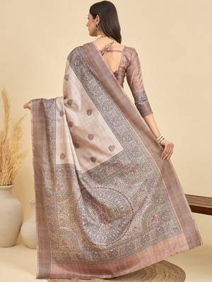 Beige ethnic motifs silk blend designer tussar saree 3