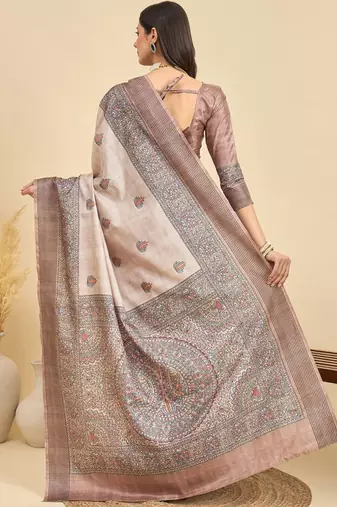 Beige ethnic motifs silk blend designer tussar saree