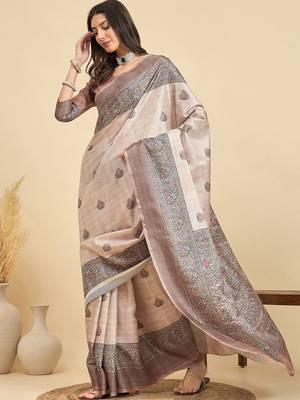 Beige ethnic motifs silk blend designer tussar saree 4