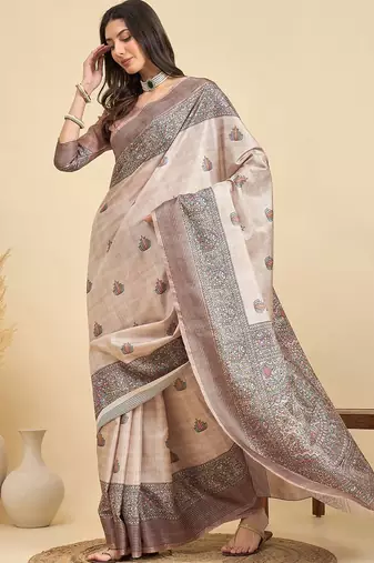 Beige ethnic motifs silk blend designer tussar saree