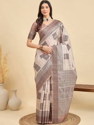 Beige geometric printed silk blend tussar saree 1