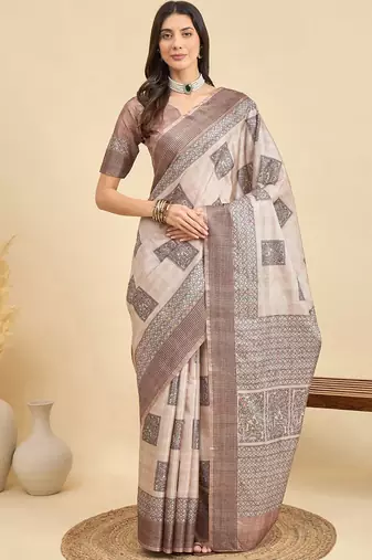 Beige geometric printed silk blend tussar saree
