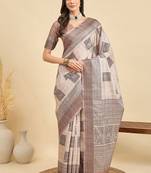 Beige geometric printed silk blend tussar saree