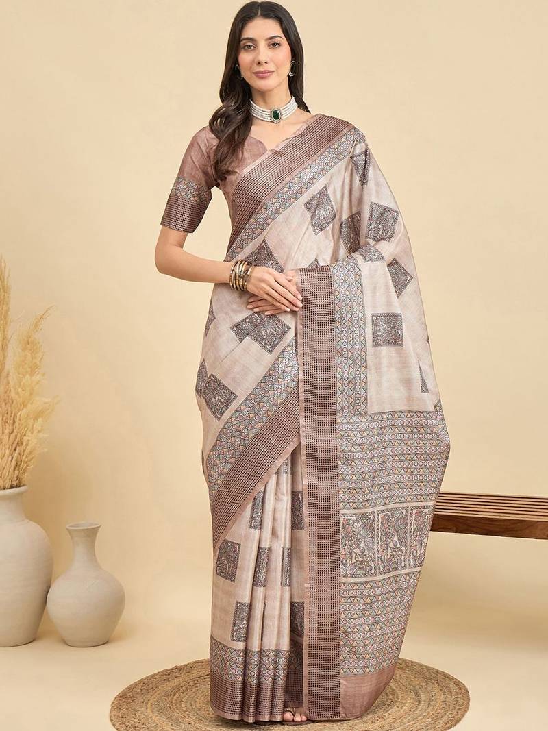 Beige geometric printed silk blend tussar saree