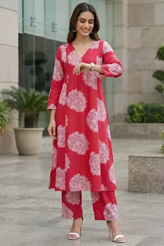 Women fuchsia pink printed  co-ord set for women