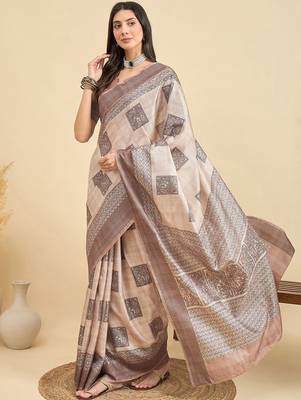 Beige geometric printed silk blend tussar saree 2