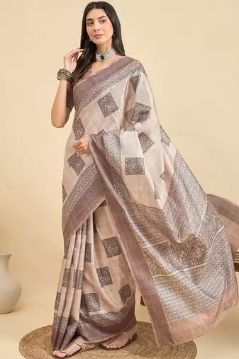 Beige geometric printed silk blend tussar saree