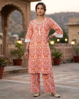 White & peach printed straight co-ords set for women 1