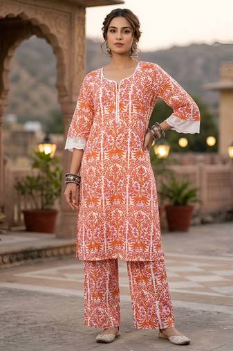 White & peach printed straight co-ords set for women