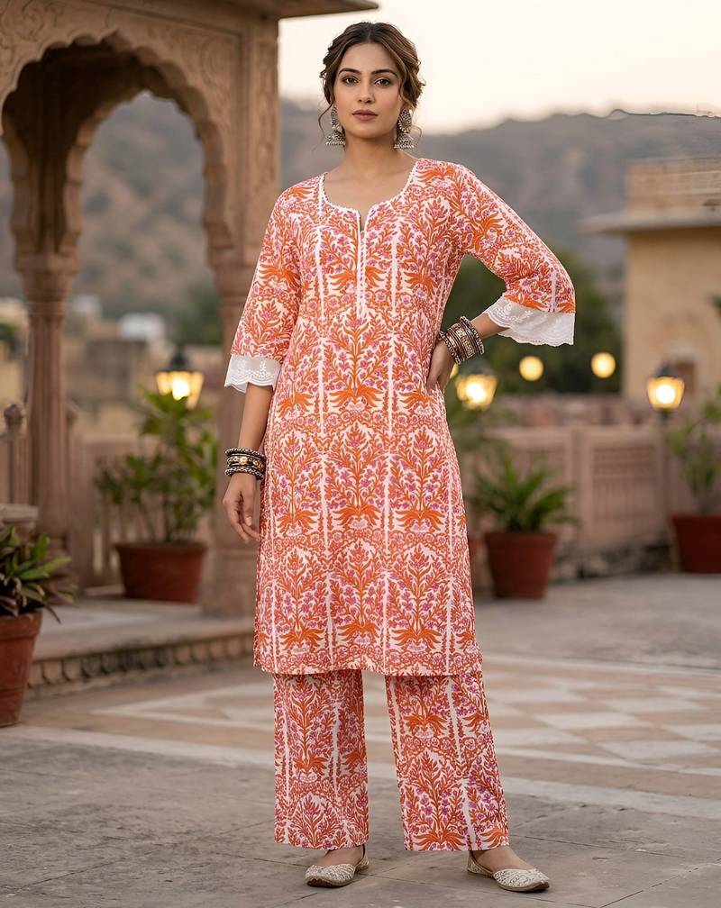 White & peach printed straight co-ords set for women