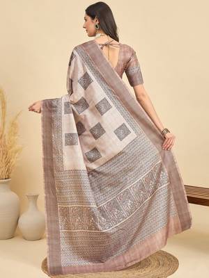 Beige geometric printed silk blend tussar saree 3