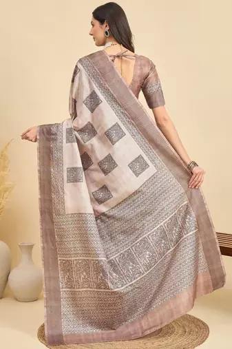 Beige geometric printed silk blend tussar saree