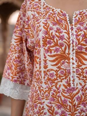 White & peach printed straight co-ords set for women 2