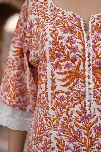 White & peach printed straight co-ords set for women