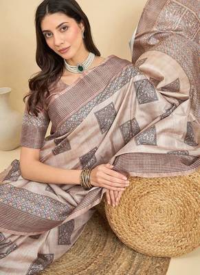 Beige geometric printed silk blend tussar saree 4