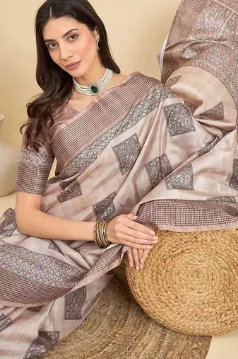Beige geometric printed silk blend tussar saree
