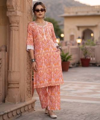 White & peach printed straight co-ords set for women 3
