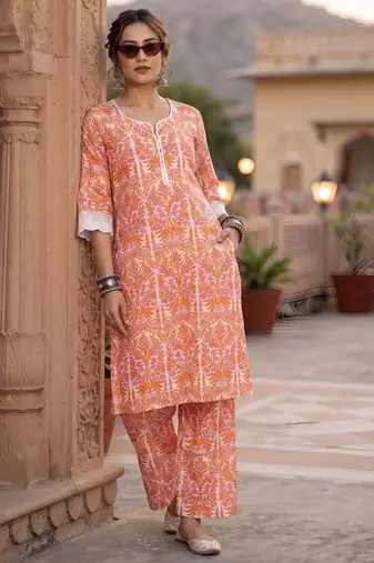 White & peach printed straight co-ords set for women