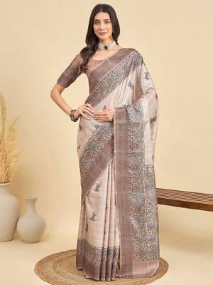 Beige ethnic motifs printed tussar saree 1