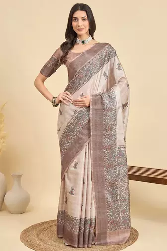 Beige ethnic motifs printed tussar saree