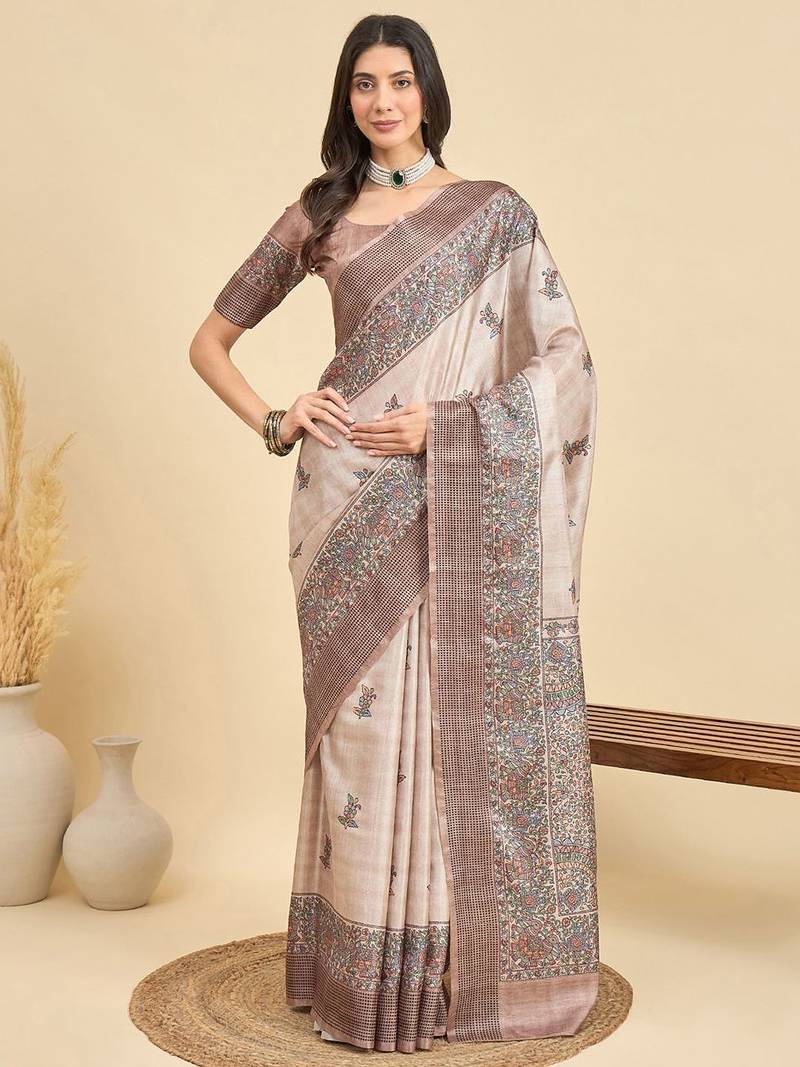 Beige ethnic motifs printed tussar saree