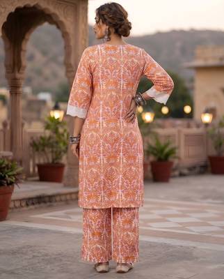 White & peach printed straight co-ords set for women 4