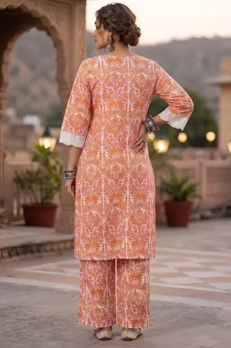 White & peach printed straight co-ords set for women