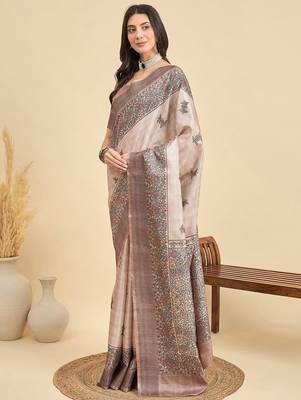 Beige ethnic motifs printed tussar saree 2