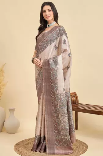 Beige ethnic motifs printed tussar saree