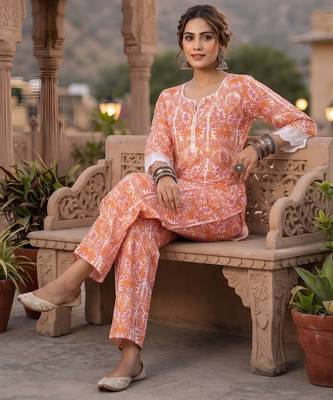 White & peach printed straight co-ords set for women 5