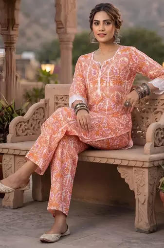 White & peach printed straight co-ords set for women