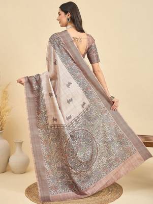 Beige ethnic motifs printed tussar saree 3