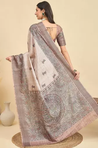 Beige ethnic motifs printed tussar saree