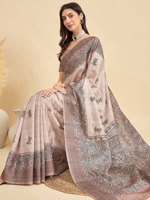 Beige ethnic motifs printed tussar saree 4