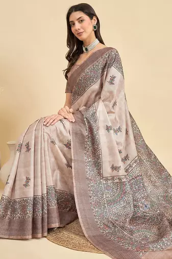 Beige ethnic motifs printed tussar saree
