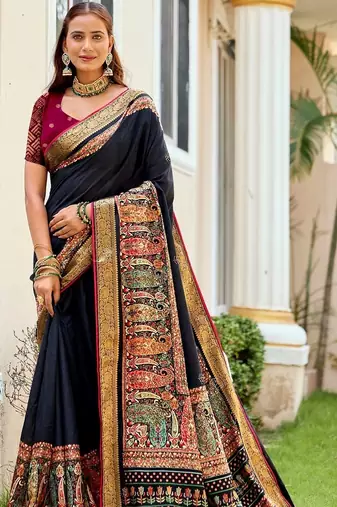 Navy blue navy blue soft silk siroski work saree with contrast blouse piece
