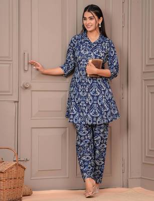 Navy blue printed cotton co-ord set for women 1